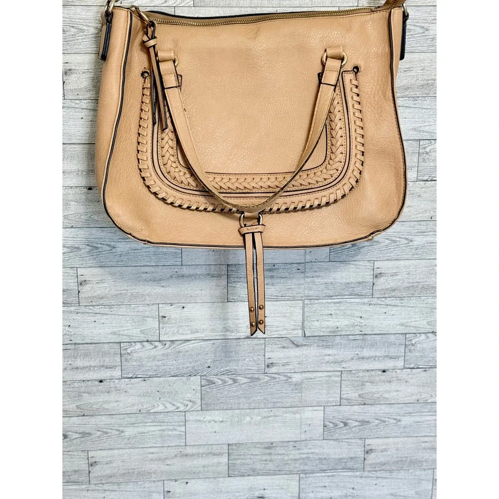 Sole Society Tan Vegan Leather Satchel Boho Whipstitch Woven Strap Crossbody Bag